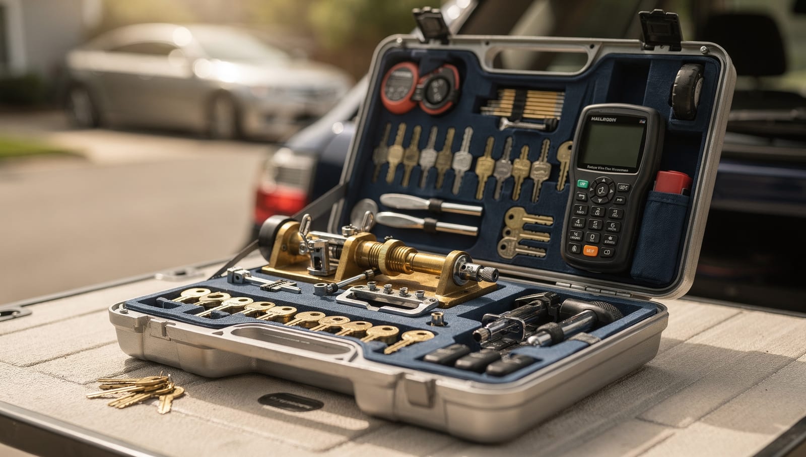 A mobile locksmith's key-cutting kit set up beside a car in a driveway