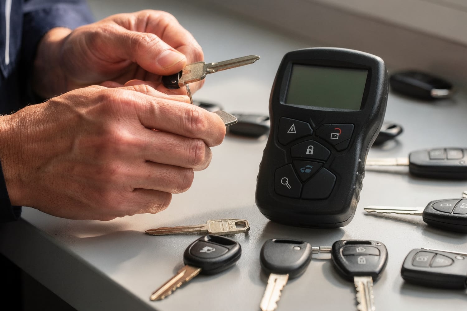 A freshly cut car key tested by hand beside a key programmer